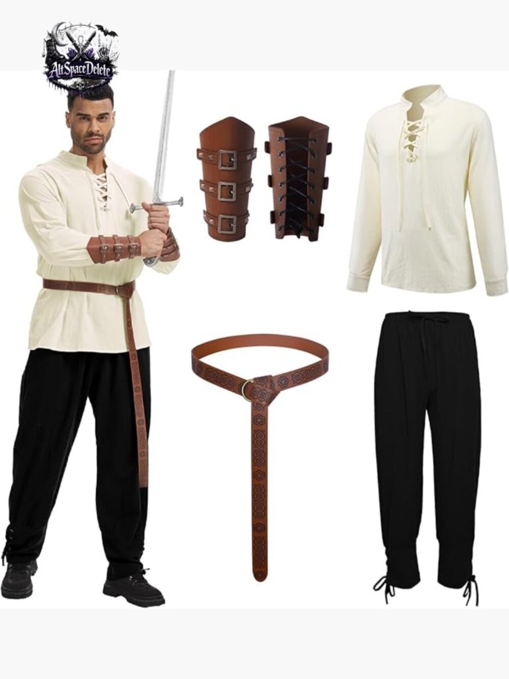 Medieval Renaissance Pirate Costume Set Shirt Pants Belt Arm Guards Adult